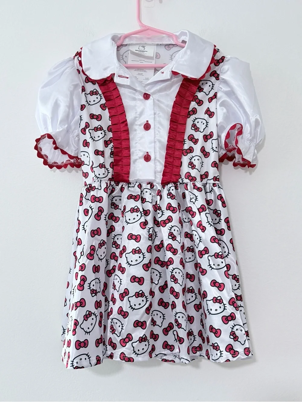 NWOT Hello Kitty White & Pink Puff Sleeve Girls Dress Sz Medium